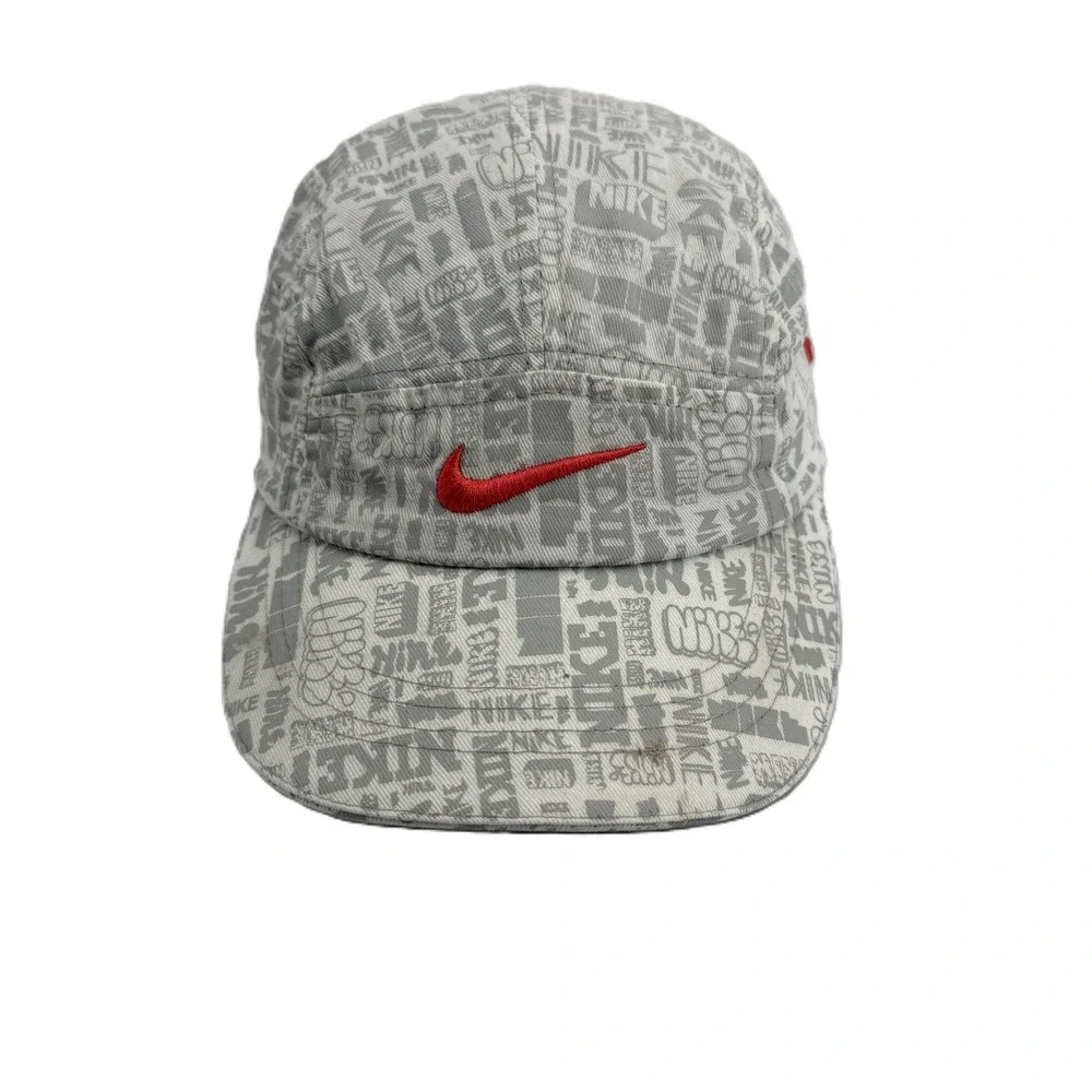 Nike 5 Panel Hat Kids 4-6X Gray Red All Over Print Logo Adjustable Cap
